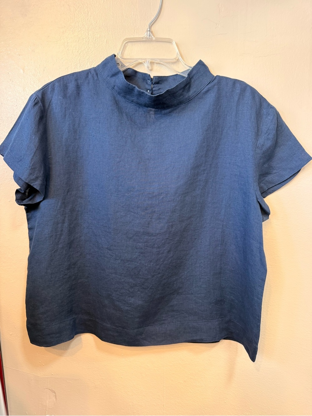 MILOOK 100% Linen Navy Blue Mock Neck Short Sleeve Top Size M